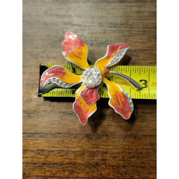 Vintage Signed Napier Enamel Rhinestone Pink Yellow Orchid  SilverTone 3" Brooch - Picture 4 of 5